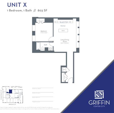Floor plan for 1 bed, 1 bath, 805 sqft